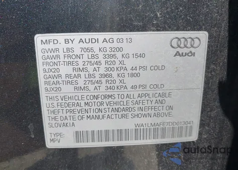2013 Audi Q7 3.0 Tdi Premium z USA, uszkodzony, nr VIN WA1LMAFE7DD013041